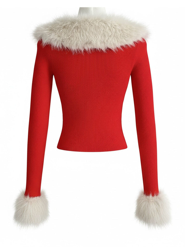 Cardigan in maglia con collo di pelliccia staccabile rosso anni '80