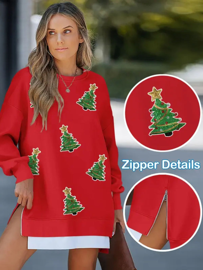 Felpa con paillettes e albero di Natale con cerniera rosso anni '70