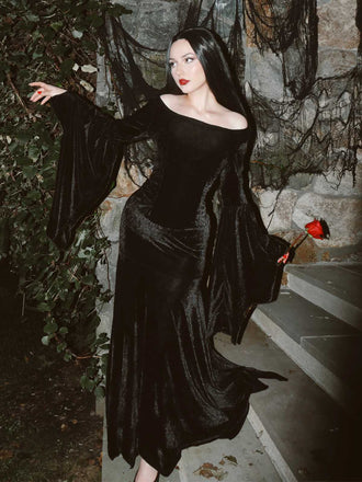 Abito a Sirena Nero Anni '30 Wednesday Morticia-inspired in Velluto