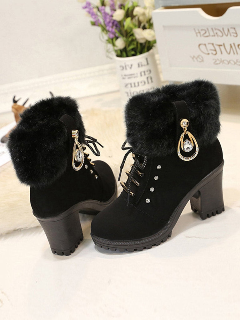 Stivali vintage in pelle nabuk con tacco spesso e peluche