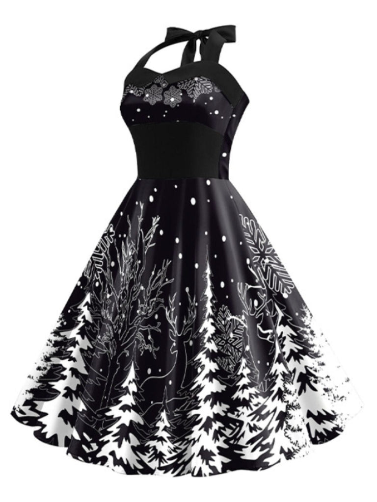 Abito albero di Natale con scollo all'americana nero anni '50