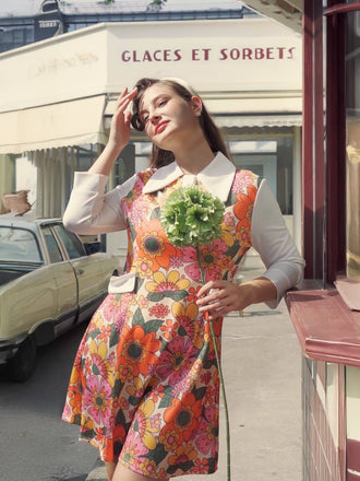 Abito patchwork fioreale a risvolto arancione anni '60