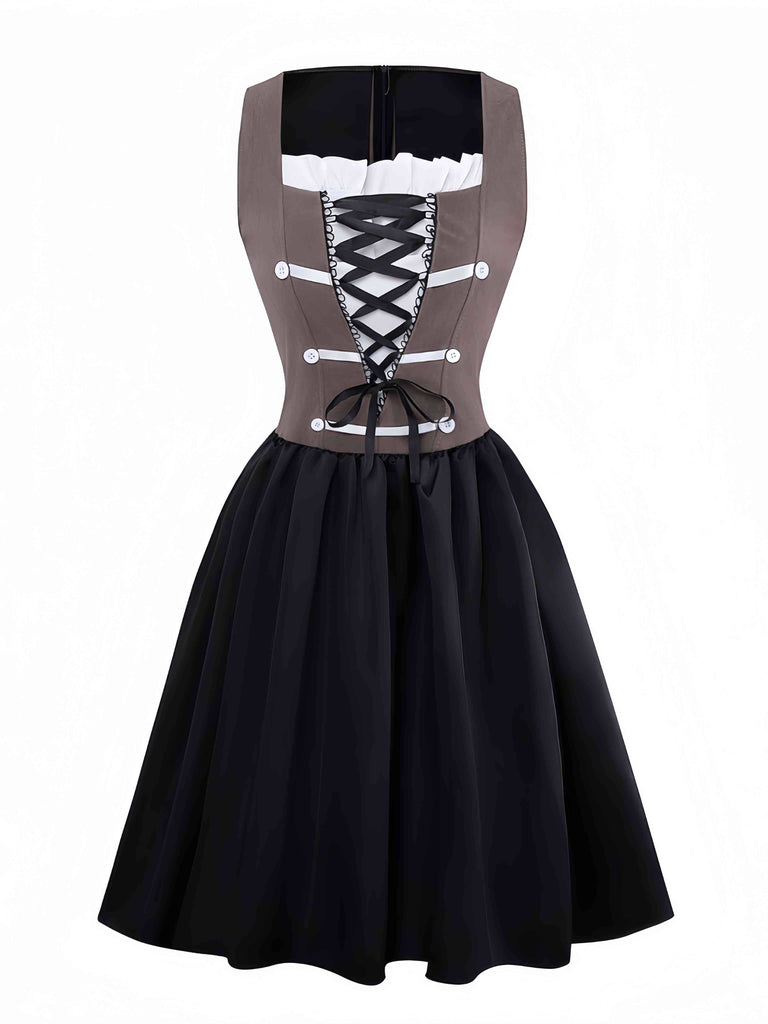 Abito corsetto con scollo quadrato e lacci marrone anni '60