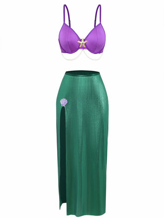 3PCS Pigiama viola anni '70 in raso di perle di mare con sirena