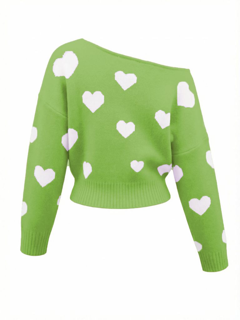 Maglione asimmetrico con spalle scoperte e cuore rosa anni '70