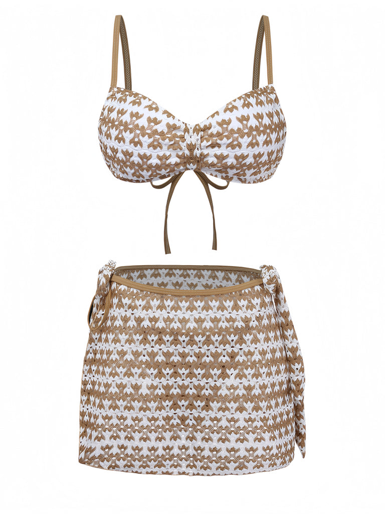 Copricostume 3PCS Khaki all'Uncinetto Hollow Bikini Set & Anni '50 2