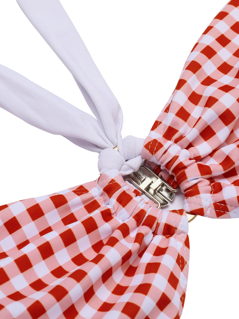 Set Bikini plaid scollo all'americana rosso anni '40