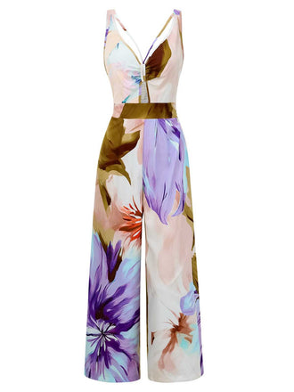 Tuta lunga arricciata floreale con scollo a V anni '70