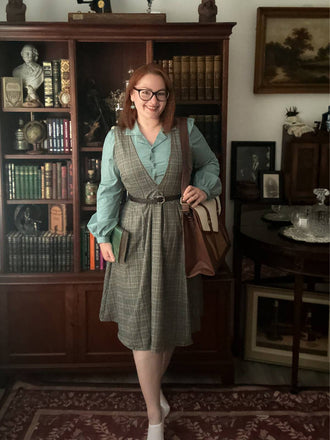 Abito glen plaid con scollo a V profondo grigio anni '40