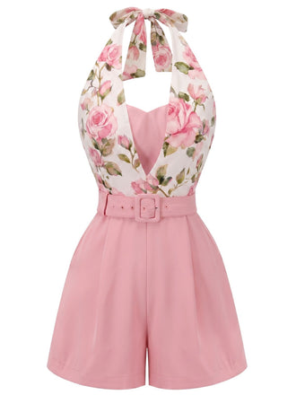 [Prevendita] Tuta corta rosa floreale con scollo all'americanaanni '50