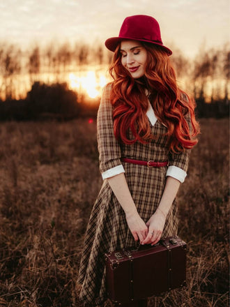 Abito plaid con fiocco sul risvolto marrone anni '50