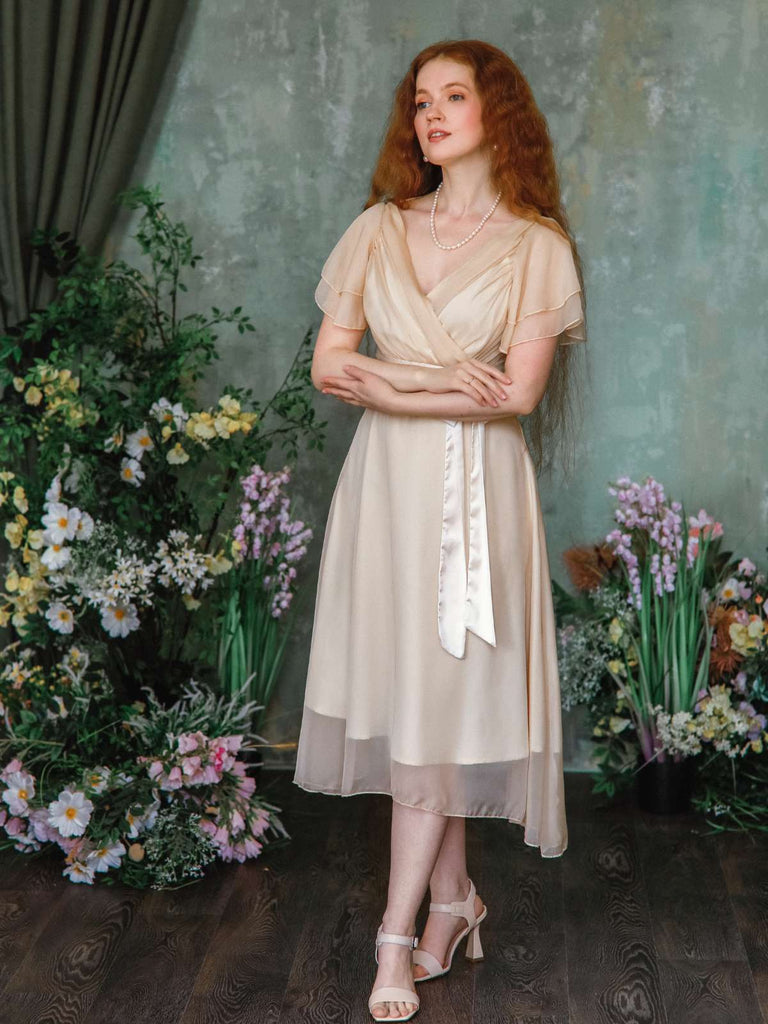 Abito da cocktail in tulle in raso champagne anni '50