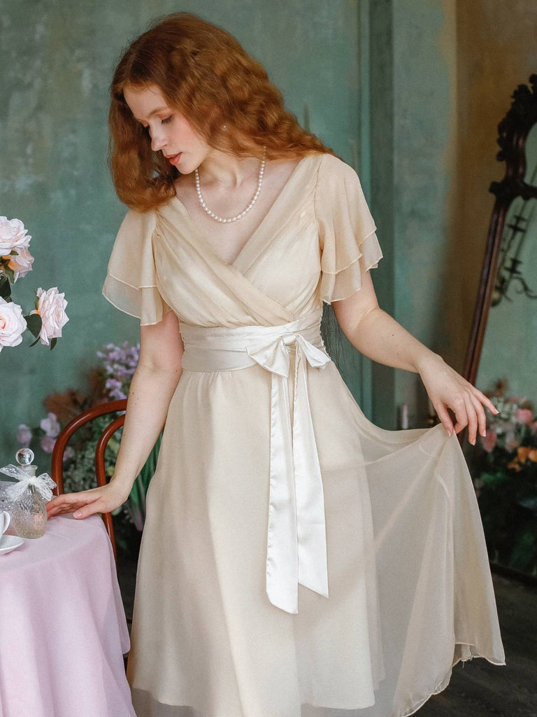 Abito da cocktail in tulle in raso champagne anni '50