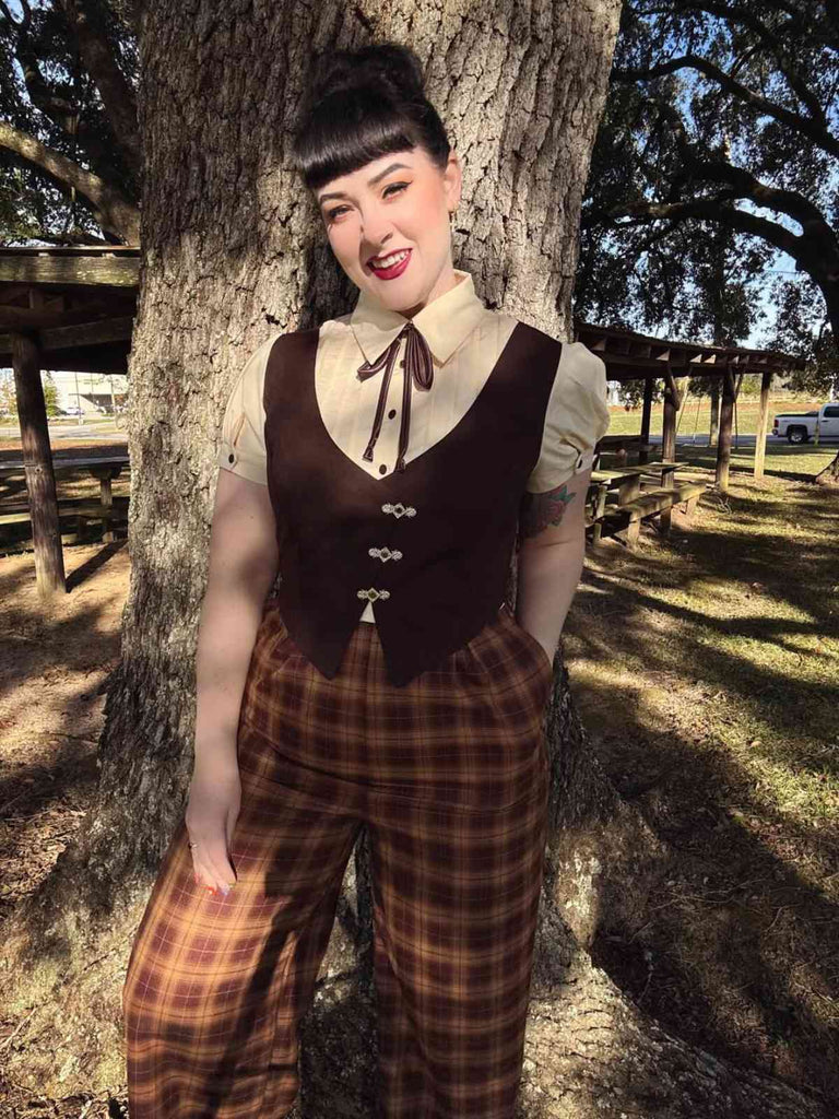 Tuta lunga finta 3PCS a quadri marrone anni '30