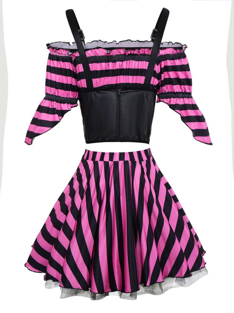 2PCS Set di costumi da pirata a righe Halloween rosa anni '70