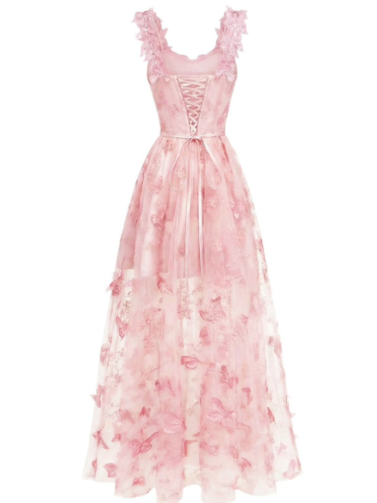 Abito lungo farfalle 3D in rete con spalline sottili verde anni '30