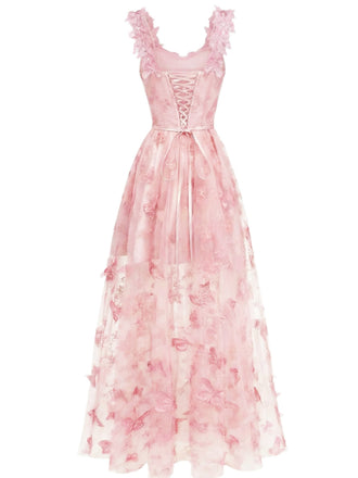 Abito lungo farfalle 3D in rete con spalline sottili rosa anni '30