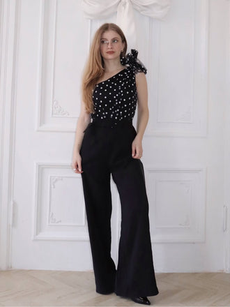 Tuta lunga monospalla patchwork a pois nero anni '30