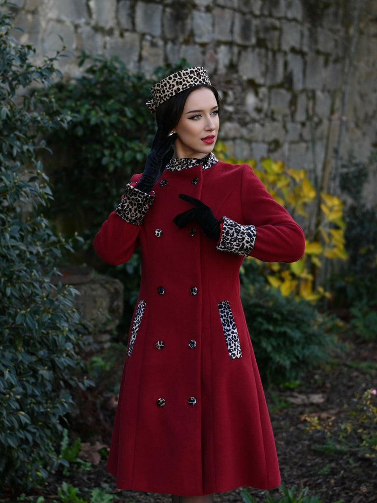 Cappotto leopardati con bottoni patchwork bordeaux anni '40