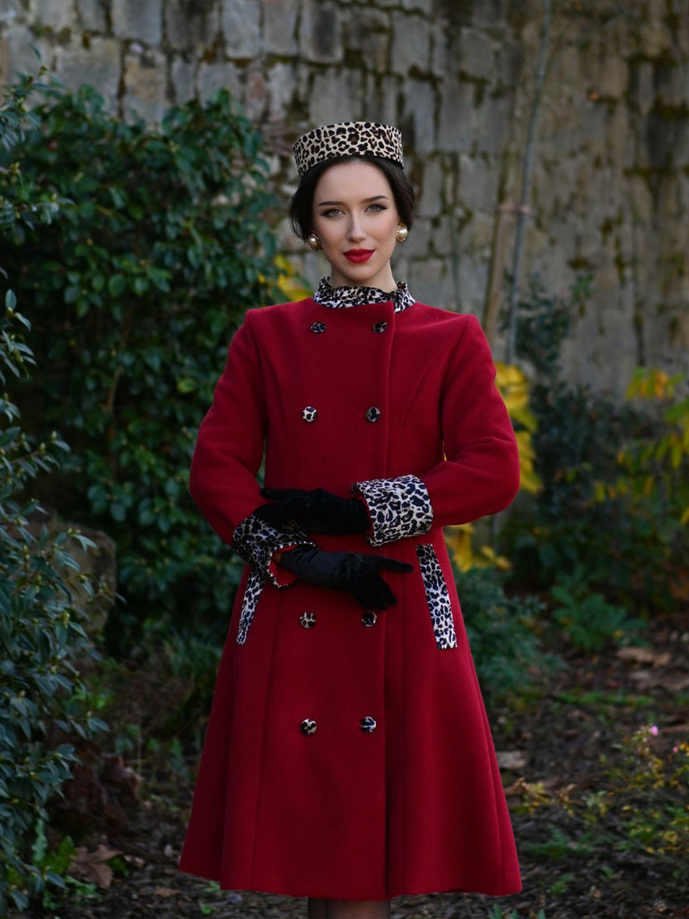 Cappotto leopardati con bottoni patchwork bordeaux anni '40