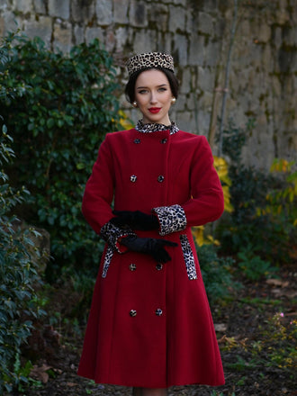 Cappotto leopardati con bottoni patchwork bordeaux anni '40