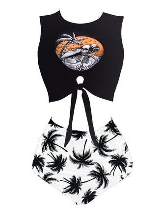 Set Bikini con spiaggia e scheletro nero anni '80