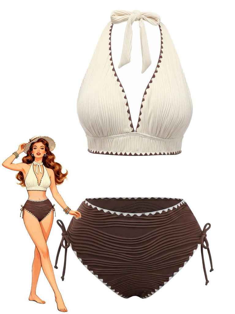 Set bikini beige e marrone anni '50 a costine con scollo all'americana