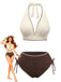 Set bikini beige e marrone anni '50 a costine con scollo all'americana
