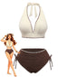 Set bikini beige e marrone anni '50 a costine con scollo all'americana
