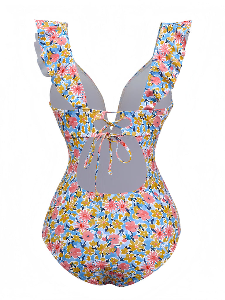 Costumi intero floreale volant scollo a V profondo anni '50