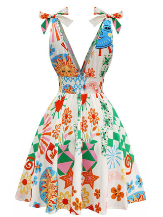 Abito boho con scollo a V profondo senza maniche arricciato anni '70