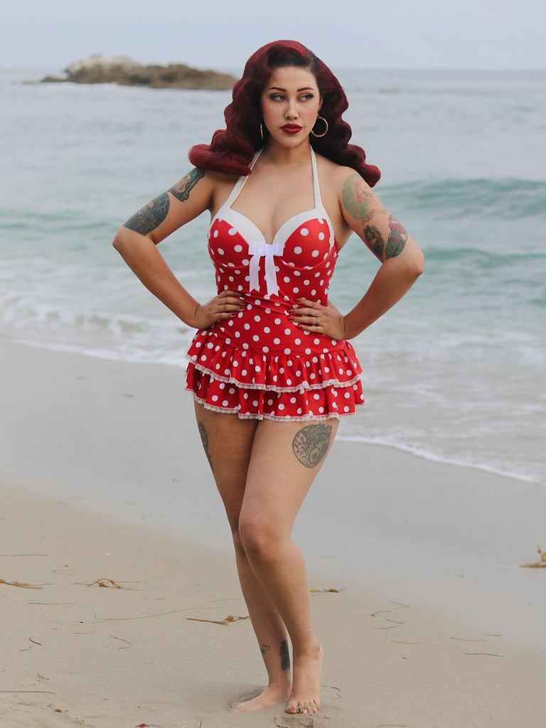 Costumi intero fiocco a pois rosso anni '40