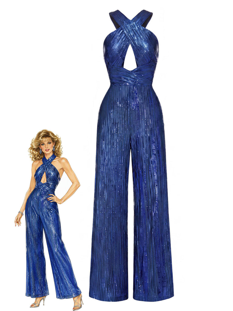 [Prevendita] Tuta Lunga Blu Anni '70 con Perline Paillettes Intreccio Aperture e Gamba Larga