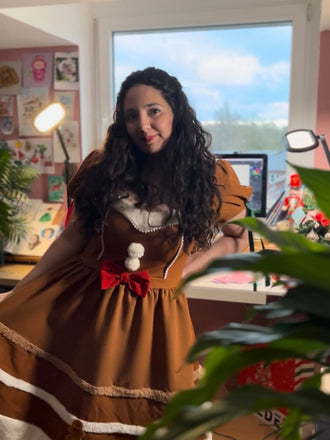 Abito in peluche con omino di pan di zenzero curcuma anni '50