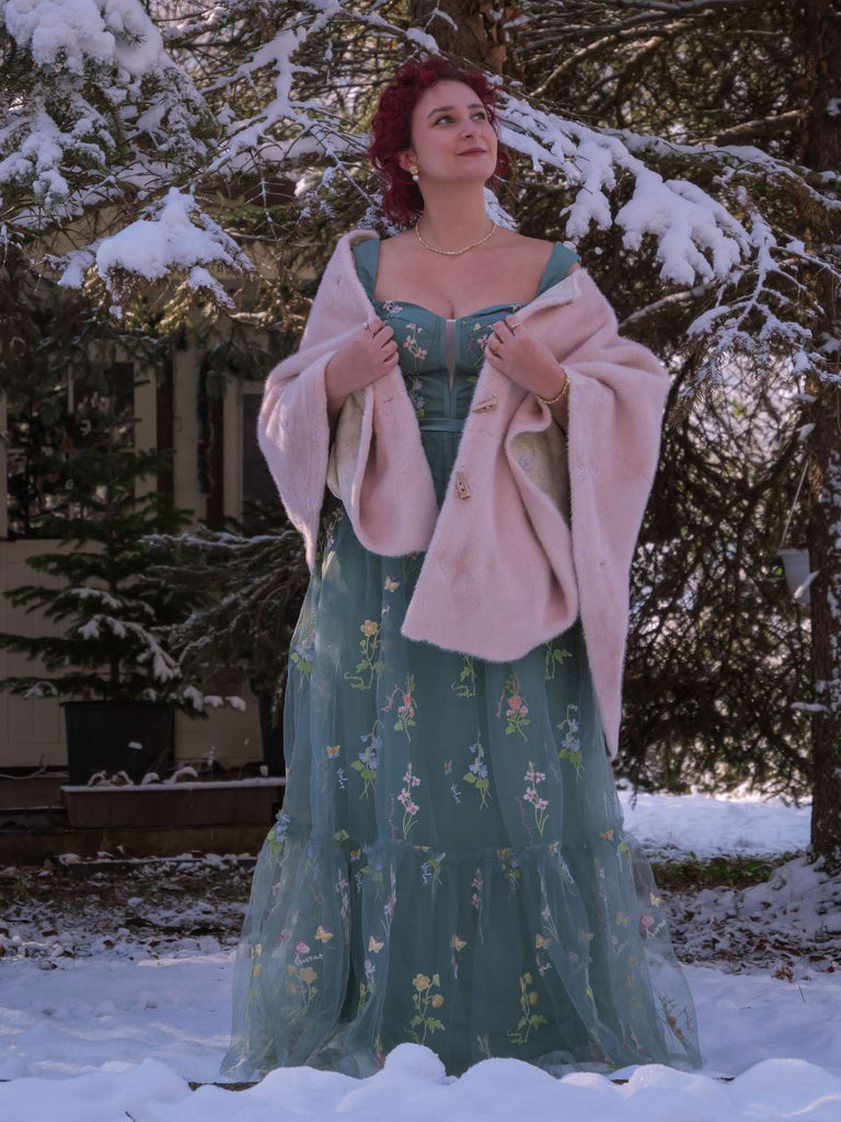 Abito floreale in rete con lacci e stecche verde anni '30