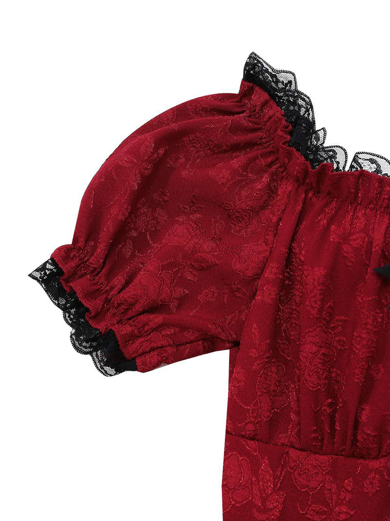 Abito gotico in pizzo e spalle scoperte rosso anni '70
