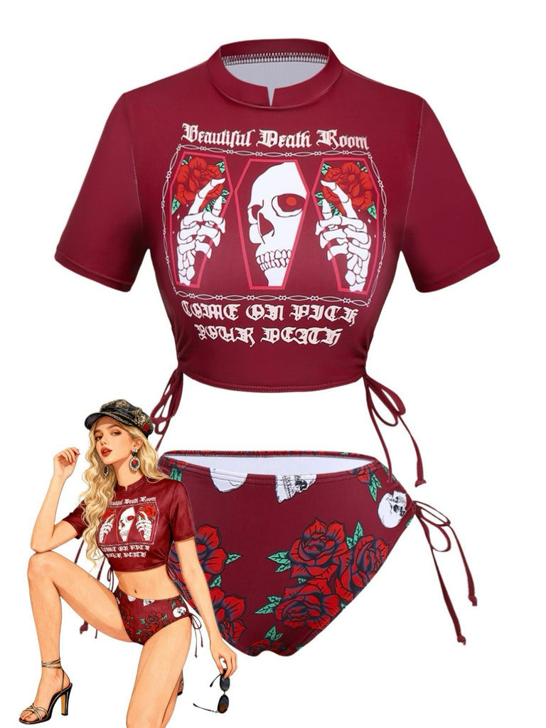 Tankini con grafica a teschio e rosa nero anni '80