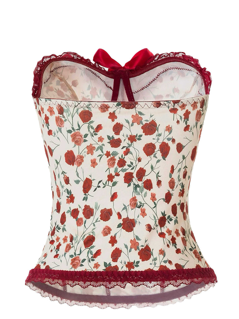 Corsetto senza spalline in pizzo con rose rosso anni '70