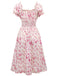 Abito floreale con scollo a V e maniche a sbuffo rosa anni '40