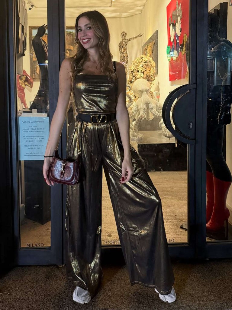 Tuta lunga scollo a cappuccio spalline oro metallizzato anni '80