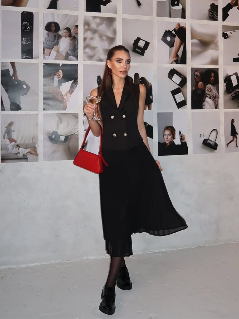 2PCS Canotta scollo a V e gonna a pieghe nero anni '60