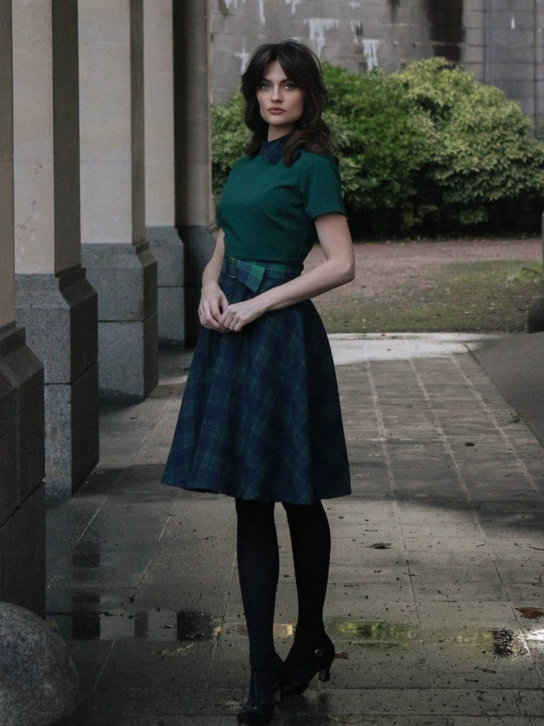 Abito patchwork plaid con collo annodato verde anni '50