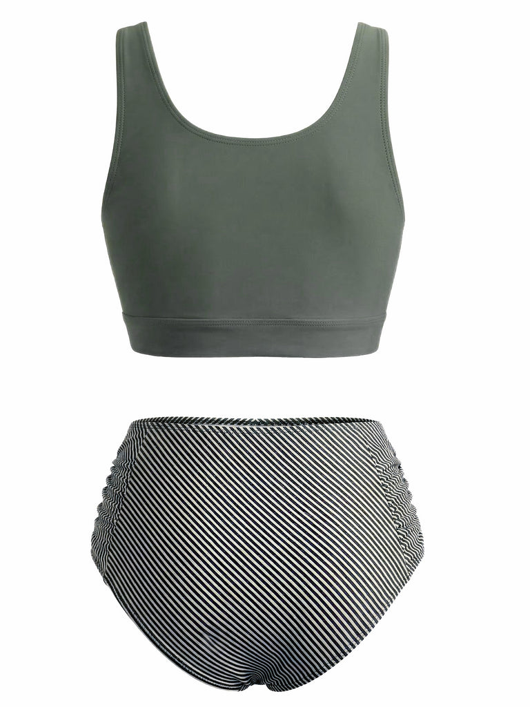 Set Tankini  Anni '40 Verde Oliva con Nodo Davanti a Vita Alta