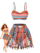 Colorful striped two-piece outfit with tassels on a white background