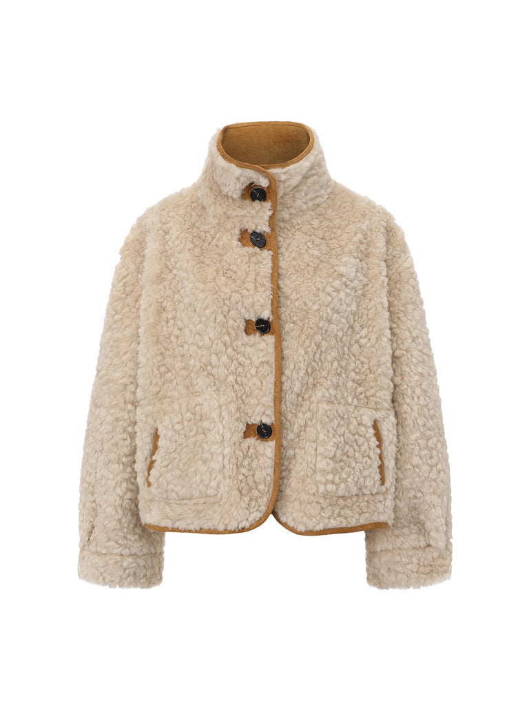 Cappotto reversibile con bottoni in pelliccia beige anni '80