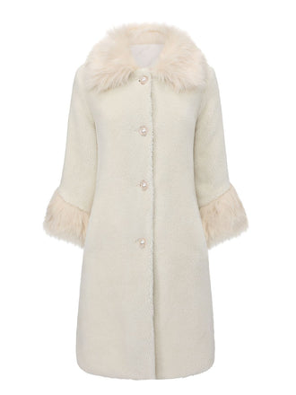 Cappotto lungo con collo in pelliccia sintetica bianco anni '80