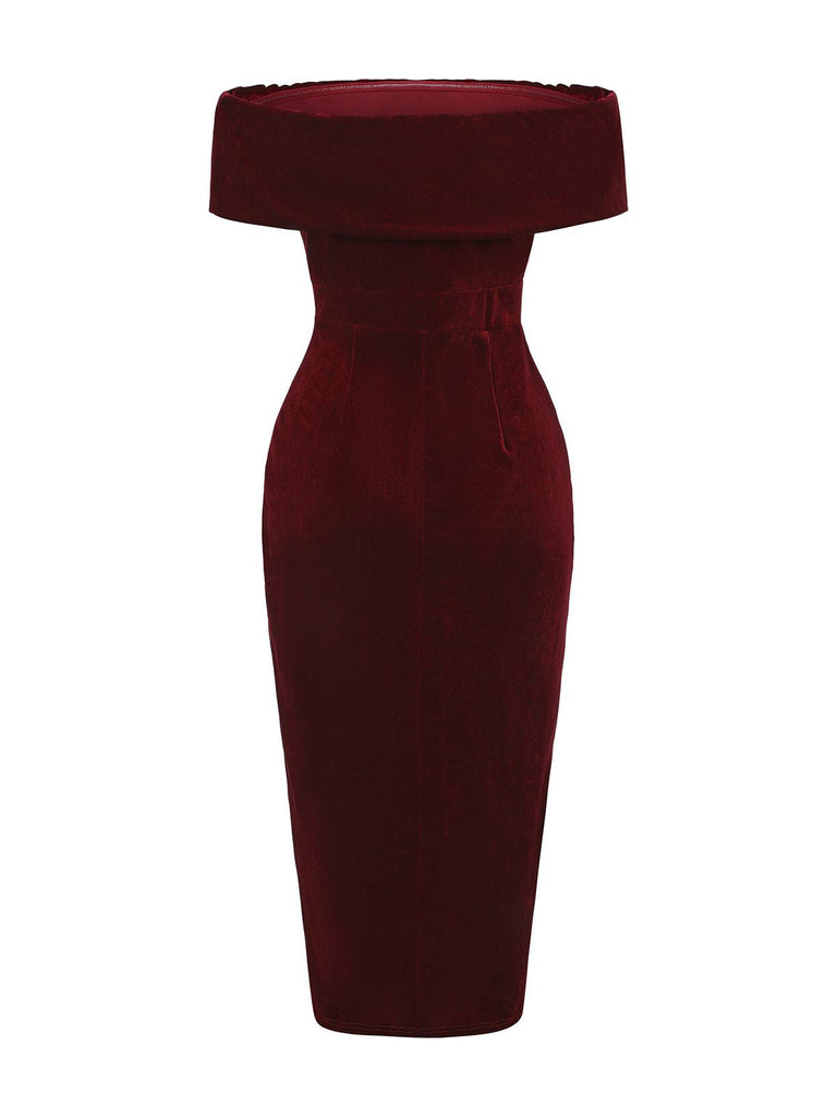 Abito midi in velluto a tinta unita con spalle scoperte anni '80