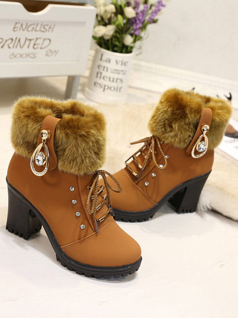 Stivali vintage in pelle nabuk con tacco spesso e peluche