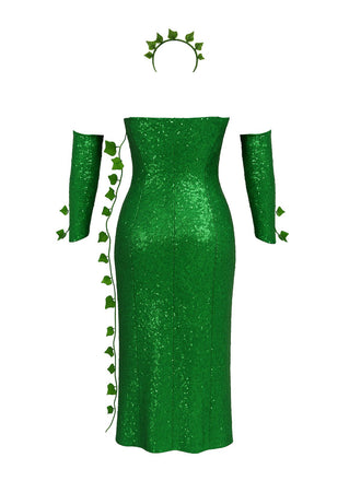 Completo con fascia multi-foglia e abito paillettes verde anni '70