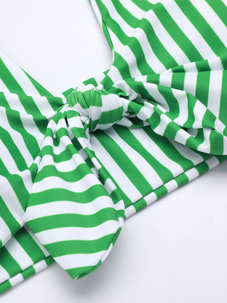 Bikini con ferretto fiocco a righe retrò verde anni '50